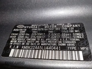 2020 Hyundai Kona SEL with VIN KM8K22AA5LU440441, listed as a IAAI auction lot 41664745 with 99,986 mi miles. Bid and sale history available at carsss.com. Image 9.