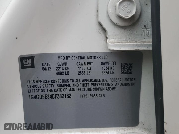 2012 Buick LaCrosse Premium 1 z VIN 1G4GD5E34CF342132, wystawiony jako Copart lot #52513715 z przebiegiem Nie podano mil oraz Szkoda całkowita • Salvage title. Historia ofert i sprzedaży dostępna na DreamBid. Obrazek 13.