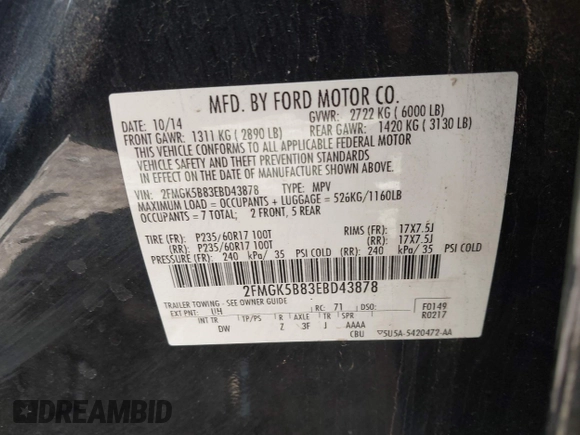 2014 Ford Flex SE z VIN 2FMGK5B83EBD43878, wystawiony jako IAAI lot #42037778 z przebiegiem 114 346 mil mil oraz . Historia ofert i sprzedaży dostępna na DreamBid. Obrazek 9.
