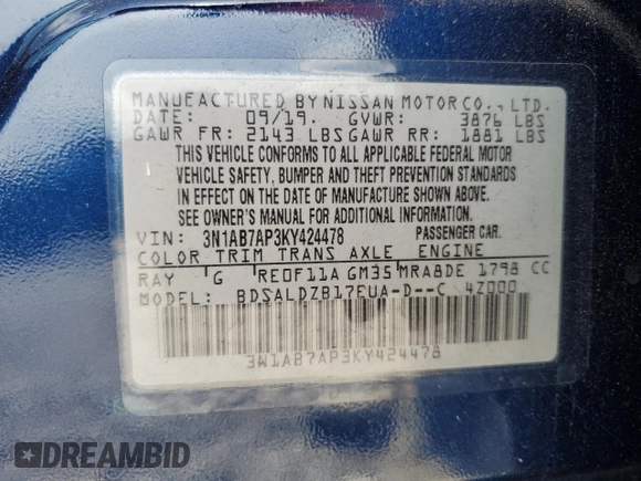 2019 Nissan Sentra S with VIN 3N1AB7AP3KY424478, listed as a Copart auction lot 62873115 with 61,638 mi miles and Salvage title. Bid and sale history available at DreamBid. Image 12.