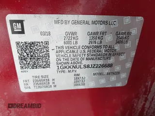 2018 GMC Acadia SLT with VIN 1GKKNULS8JZ226688, listed as a IAAI auction lot 41733716 with 67,254 mi miles and . Bid and sale history available at DreamBid. Image 9.