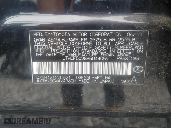 2010 Lexus IS 250 with VIN JTHCF5C28A5044059, listed as a Copart auction lot 59528575 with 97,837 mi miles and Clean title. Bid and sale history available at DreamBid. Image 12.