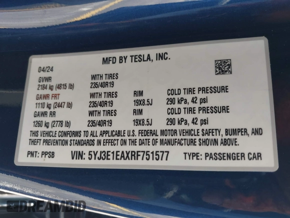2024 Tesla Model 3 z VIN 5YJ3E1EAXRF751577, wystawiony jako IAAI lot #41831992 z przebiegiem 11 mil mil oraz . Historia ofert i sprzedaży dostępna na DreamBid. Obrazek 9.