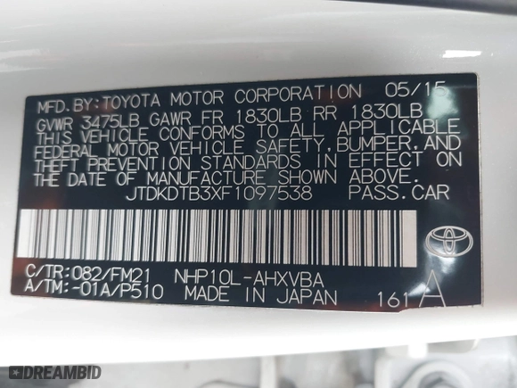 2015 Toyota Prius c One with VIN JTDKDTB3XF1097538, listed as a IAAI auction lot 42031057 with 100,847 mi miles. Bid and sale history available at carsss.com. Image 9.