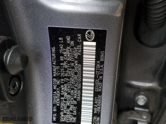 2016 Lexus ES 350 with VIN 58ABK1GG7GU005909, listed as a Copart auction lot 87263324 with 0 mi miles and Clean Title. Bid and sale history available at carsss.com. Image 14.