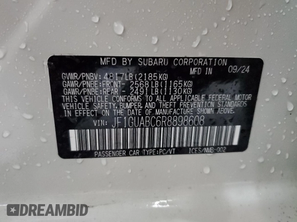2024 Subaru Impreza with VIN JF1GUABC6R8898608, listed as a Copart auction lot 44823855 with 1,648 mi miles and Salvage Title. Bid and sale history available at carsss.com. Image 12.