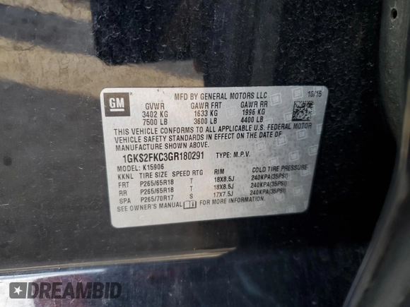 2016 GMC Yukon XL SLE z VIN 1GKS2FKC3GR180291, wystawiony jako Copart lot #85600914 z przebiegiem 160 588 mil mil oraz Szkoda całkowita • Salvage title. Historia ofert i sprzedaży dostępna na DreamBid. Obrazek 15.