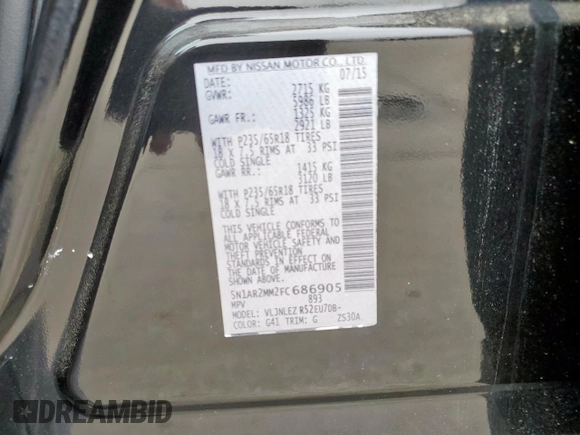 2015 Nissan Pathfinder SV with VIN 5N1AR2MM2FC686905, listed as a Copart auction lot 55437315 with 150,656 mi miles and Salvage title. Bid and sale history available at DreamBid. Image 14.