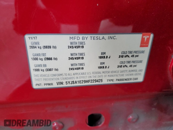 2017 Tesla Model S 100D with VIN 5YJSA1E29HF229425, listed as a Copart auction lot 54602195 with 128,886 mi miles and Salvage Title. Bid and sale history available at DreamBid. Image 13.
