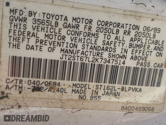 1989 Toyota Celica z VIN JT2ST67L2K7347514, wystawiony jako IAAI lot #39235389 z przebiegiem 140 135 mil mil oraz . Historia ofert i sprzedaży dostępna na DreamBid. Obrazek 9.