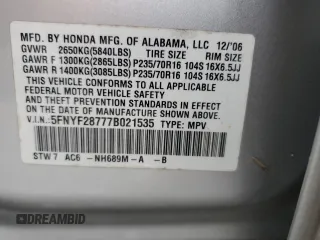 2007 Honda Pilot EX-L with VIN 5FNYF28777B021535, listed as a Copart auction lot 79823904 with 282,340 mi miles and Salvage Title. Bid and sale history available at DreamBid. Image 13.