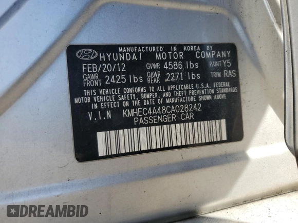 2012 Hyundai Sonata Hybrid with VIN KMHEC4A48CA028242, listed as a Copart auction lot 54690235 with 108,880 mi miles and Clean Title. Bid and sale history available at DreamBid. Image 12.