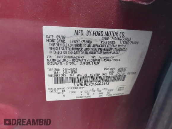 2010 Lincoln MKS с VIN 1LNHL9DR0AG603493, выставлен на аукционе IAAI как лот 40913114 с пробегом 215 927 миль миль и . История ставок и продаж доступна на DreamBid. Изображение 9.