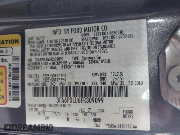 2015 Ford Fusion SE Hybrid with VIN 3FA6P0LU6FR309099, listed as a IAAI auction lot 42497429 with 157,631 mi miles and . Bid and sale history available at DreamBid. Image 9.