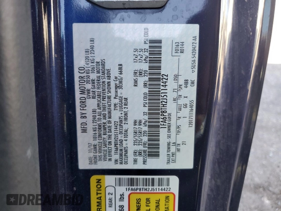 2018 Ford Mustang EcoBoost with VIN 1FA6P8TH2J5114422, listed as a Copart auction lot 56995385 with 53,729 mi miles and Clean title. Bid and sale history available at DreamBid. Image 12.