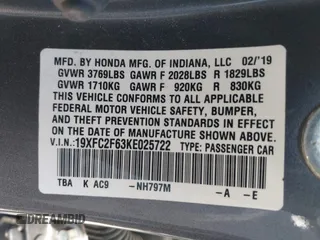 2019 Honda Civic Sedan LX with VIN 19XFC2F63KE025722, listed as a IAAI auction lot 42045594 with 57,290 mi miles. Bid and sale history available at carsss.com. Image 9.