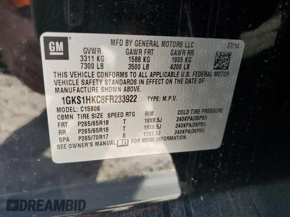 2015 GMC Yukon XL SLT with VIN 1GKS1HKC8FR233922, listed as a Copart auction lot 45610495 with 203,803 mi miles and Clean Title. Bid and sale history available at carsss.com. Image 14.