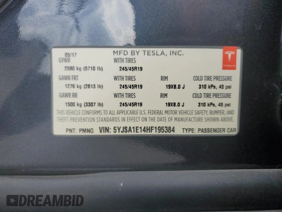 2017 Tesla Model S 60 with VIN 5YJSA1E14HF195384, listed as a Copart auction lot 78435364 with 49,736 mi miles and Salvage title. Bid and sale history available at DreamBid. Image 14.