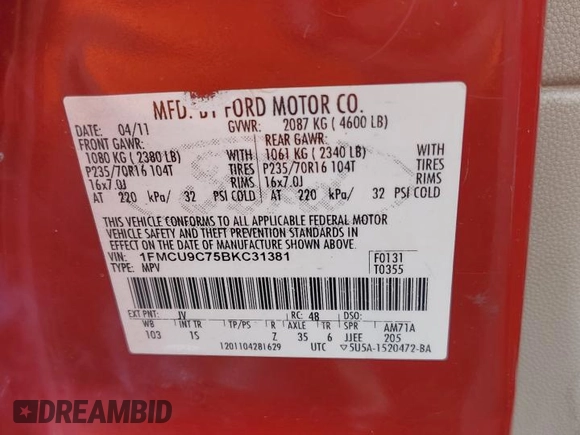 2011 Ford Escape XLS with VIN 1FMCU9C75BKC31381, listed as a Copart auction lot 52886575 with 128,640 mi miles and Salvage title. Bid and sale history available at DreamBid. Image 15.