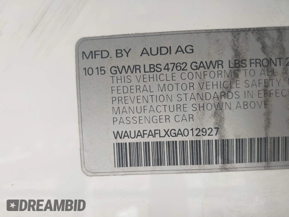 2016 Audi A4 Premium with VIN WAUAFAFLXGA012927, listed as a IAAI auction lot 41801153 with 131,660 mi miles. Bid and sale history available at carsss.com. Image 9.