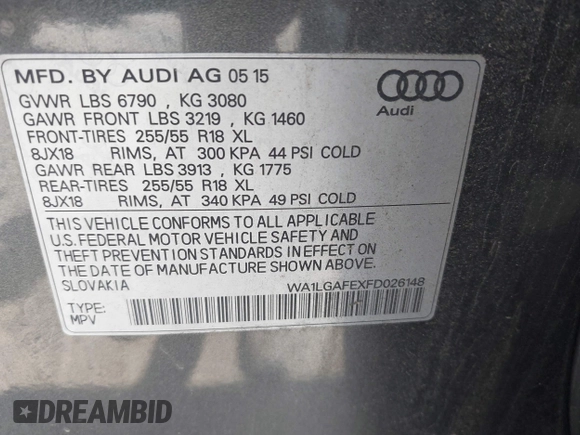 2015 Audi Q7 Premium Plus with VIN WA1LGAFEXFD026148, listed as a IAAI auction lot 42558640 with Not provided miles and . Bid and sale history available at DreamBid. Image 9.