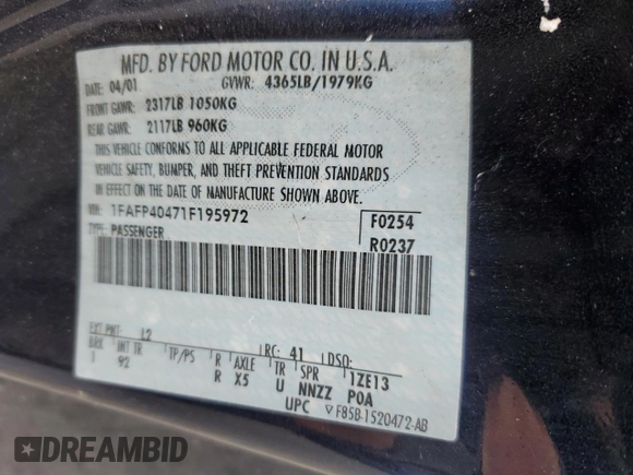 2001 Ford Mustang Standard with VIN 1FAFP40471F195972, listed as a Copart auction lot 48257465 with 155,495 mi miles and Salvage Title. Bid and sale history available at carsss.com. Image 12.