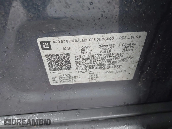 2019 Chevrolet Trax LS with VIN 3GNCJNSB9KL184972, listed as a IAAI auction lot 41724874 with 112,114 mi miles. Bid and sale history available at carsss.com. Image 9.