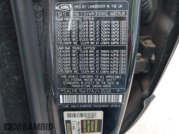 2007 Land Rover Range Rover HSE z VIN SALME15417A243558, wystawiony jako IAAI lot #42074890 z przebiegiem 122 176 mil mil oraz . Historia ofert i sprzedaży dostępna na DreamBid. Obrazek 9.