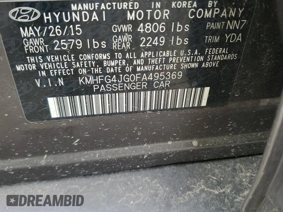 2015 Hyundai Azera with VIN KMHFG4JG0FA495369, listed as a Copart auction lot 50450185 with 126,259 mi miles and Clean title. Bid and sale history available at DreamBid. Image 13.