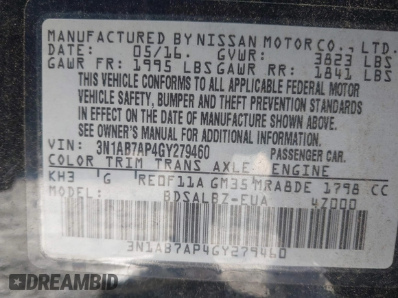 2016 Nissan Sentra S with VIN 3N1AB7AP4GY279460, listed as a IAAI auction lot 41874373 with 74,254 mi miles and . Bid and sale history available at DreamBid. Image 9.