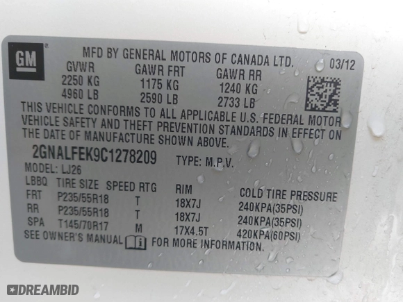 2012 Chevrolet Equinox LTZ with VIN 2GNALFEK9C1278209, listed as a IAAI auction lot 41876376 with 167,361 mi miles. Bid and sale history available at carsss.com. Image 9.