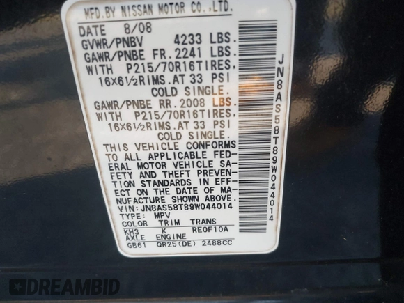 2009 Nissan Rogue SL with VIN JN8AS58T89W044014, listed as a IAAI auction lot 41682778 with 177,168 mi miles and . Bid and sale history available at DreamBid. Image 9.