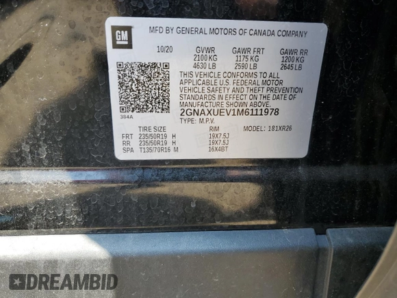 2021 Chevrolet Equinox LT with VIN 2GNAXUEV1M6111978, listed as a Copart auction lot 56054565 with 74,436 mi miles and Salvage title. Bid and sale history available at DreamBid. Image 14.