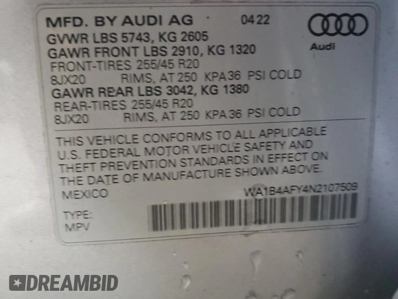 2022 Audi SQ5 Premium Plus with VIN WA1B4AFY4N2107509, listed as a Copart auction lot 63308783 with Not Provided miles and . Bid and sale history available at DreamBid. Image 12.