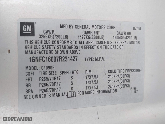 2007 Chevrolet Suburban LT with VIN 1GNFC16007R231427, listed as a IAAI auction lot 40995668 with 168,691 mi miles. Bid and sale history available at carsss.com. Image 9.