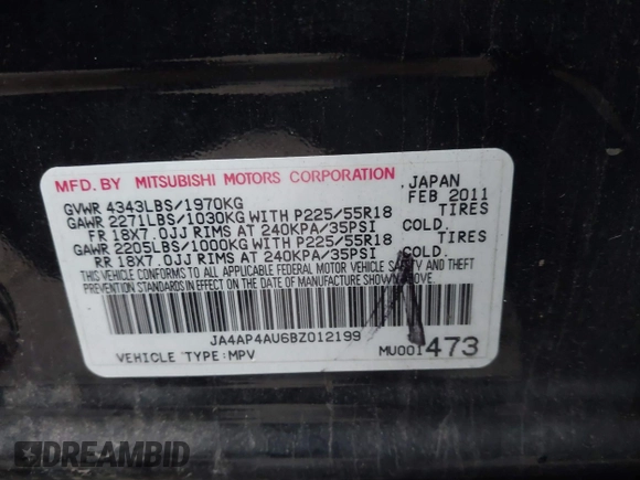 2011 Mitsubishi Outlander Sport SE with VIN JA4AP4AU6BZ012199, listed as a IAAI auction lot 40861700 with 125,016 mi miles. Bid and sale history available at carsss.com. Image 9.