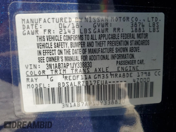 2018 Nissan Sentra SR with VIN 3N1AB7AP1JY338830, listed as a Copart auction lot 52962035 with 102,710 mi miles and Salvage Title. Bid and sale history available at DreamBid. Image 12.