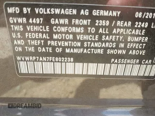 2015 Volkswagen CC Executive с VIN WVWRP7AN7FE802238, выставлен на аукционе IAAI как лот 42321727 с пробегом 65 933 миль миль и . История ставок и продаж доступна на DreamBid. Изображение 9.