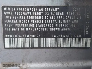 2011 Volkswagen Golf TDI with VIN WVWDM7AJ9BW238175, listed as a IAAI auction lot 41943019 with 153,581 mi miles. Bid and sale history available at carsss.com. Image 9.