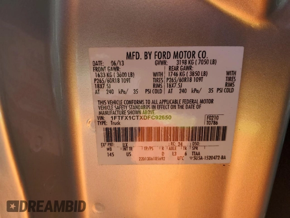 2013 Ford F-150 XL z VIN 1FTFX1CTXDFC92650, wystawiony jako Copart lot #49241845 z przebiegiem 151 128 mil mil oraz Szkoda całkowita • Salvage title. Historia ofert i sprzedaży dostępna na DreamBid. Obrazek 14.
