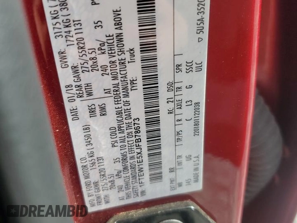 2018 Ford F-150 XL z VIN 1FTEW1E5XJFB78673, wystawiony jako Copart lot #61209935 z przebiegiem 69 695 mil mil oraz Szkoda całkowita • Salvage title. Historia ofert i sprzedaży dostępna na DreamBid. Obrazek 13.