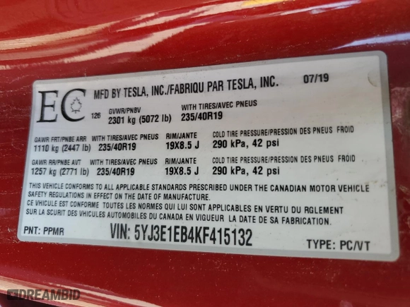 2019 Tesla Model 3 Long Range with VIN 5YJ3E1EB4KF415132, listed as a Copart auction lot 54682675 with 0 mi miles and Salvage Title. Bid and sale history available at carsss.com. Image 12.
