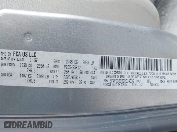 2016 Dodge Grand Caravan SE with VIN 2C4RDGBG5GR314936, listed as a IAAI auction lot 41889795 with 192,621 mi miles and . Bid and sale history available at DreamBid. Image 9.