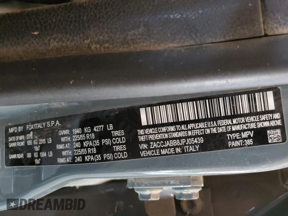 2018 Jeep Renegade Altitude with VIN ZACCJABB8JPJ05439, listed as a Copart auction lot 60348705 with Not provided miles and Clean title. Bid and sale history available at DreamBid. Image 12.