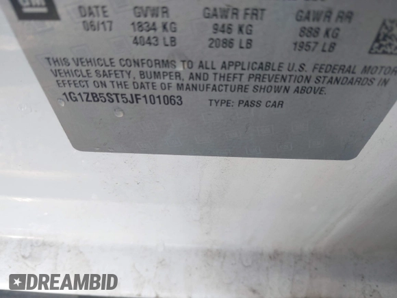 2018 Chevrolet Malibu LS with VIN 1G1ZB5ST5JF101063, listed as a IAAI auction lot 41854886 with 92,707 mi miles and . Bid and sale history available at DreamBid. Image 9.