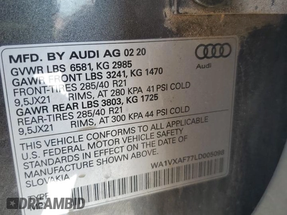 2020 Audi Q7 Prestige with VIN WA1VXAF77LD005098, listed as a Copart auction lot 64656425 with 74,368 mi miles and Clean title. Bid and sale history available at DreamBid. Image 13.
