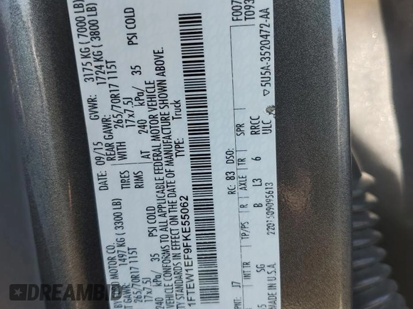 2015 Ford F-150 XLT with VIN 1FTEW1EF9FKE55062, listed as a Copart auction lot 46934545 with 148,430 mi miles and Salvage title. Bid and sale history available at DreamBid. Image 12.