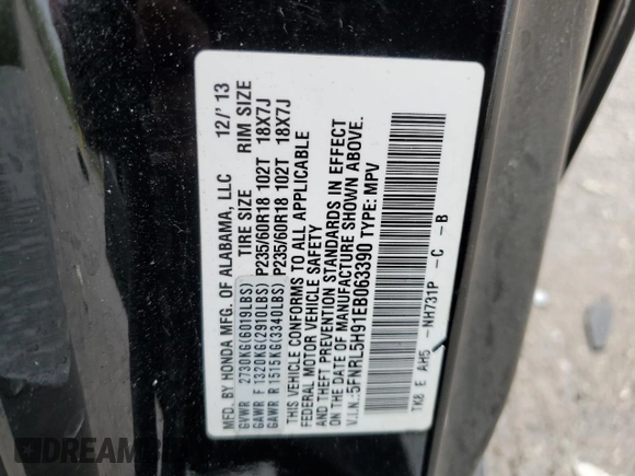 2014 Honda Odyssey Touring z VIN 5FNRL5H91EB063390, wystawiony jako Copart lot #54482545 z przebiegiem Nie podano mil oraz Szkoda całkowita • Salvage title. Historia ofert i sprzedaży dostępna na DreamBid. Obrazek 13.
