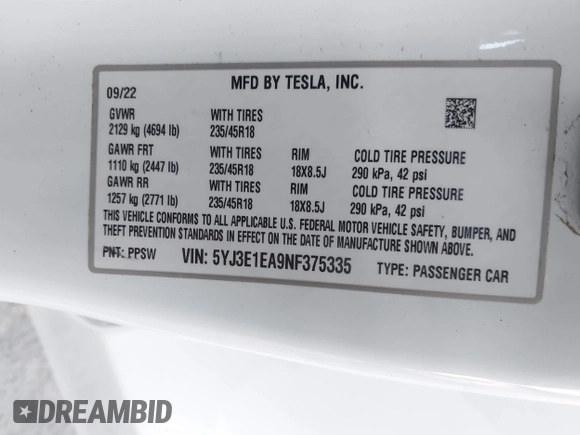 2022 Tesla Model 3 with VIN 5YJ3E1EA9NF375335, listed as a IAAI auction lot 41676024 with 18,836 mi miles. Bid and sale history available at carsss.com. Image 9.