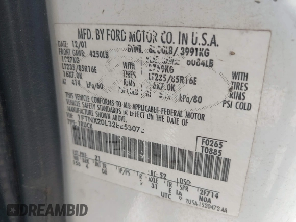 2002 Ford F-250 XL с VIN 1FTNX20L32EB53078, выставлен на аукционе IAAI как лот 42611830 с пробегом 206 243 миль миль и . История ставок и продаж доступна на DreamBid. Изображение 9.